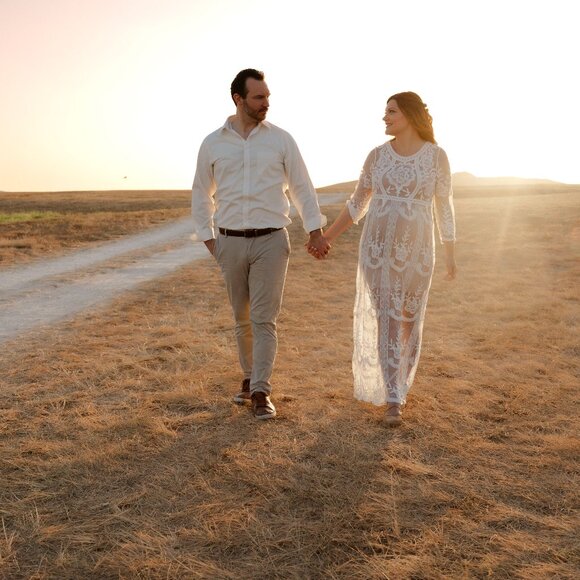 Long Sleeve White Lace Floral Maternity Maxi Photoshoot Dress w/ Tan Slip Dress - Picture 2 of 6